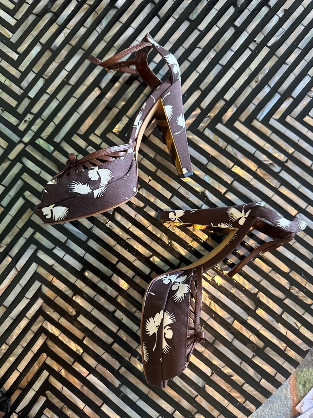 Gucci Brown Floral Leather Bow Ankle-Strap Heels - Picture 2 of 8